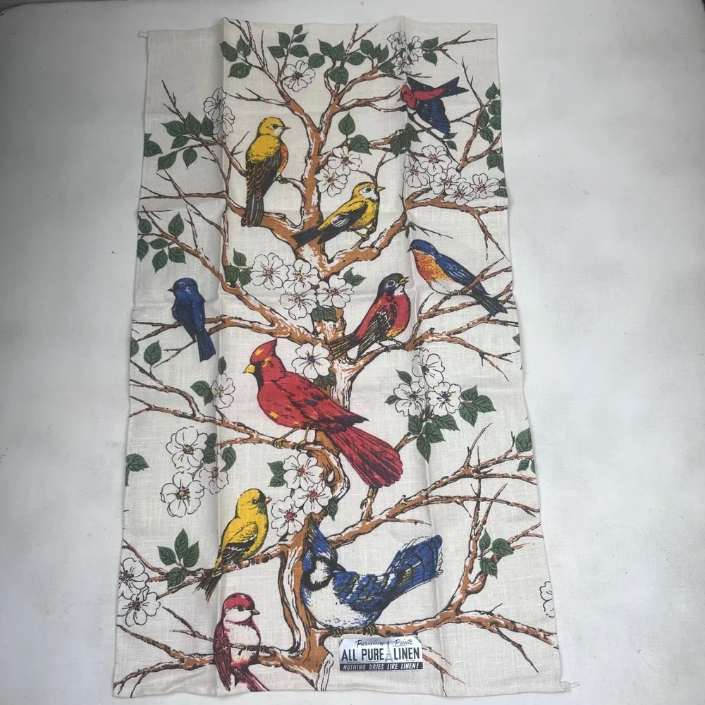 Parisian Prints Pure Linen Tea Towel Vintage Bird Songbird Floral Made in USA